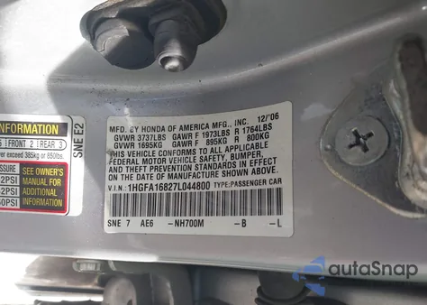 2007 Honda Civic Ex from USA, damaged, VIN 1HGFA16827L044800